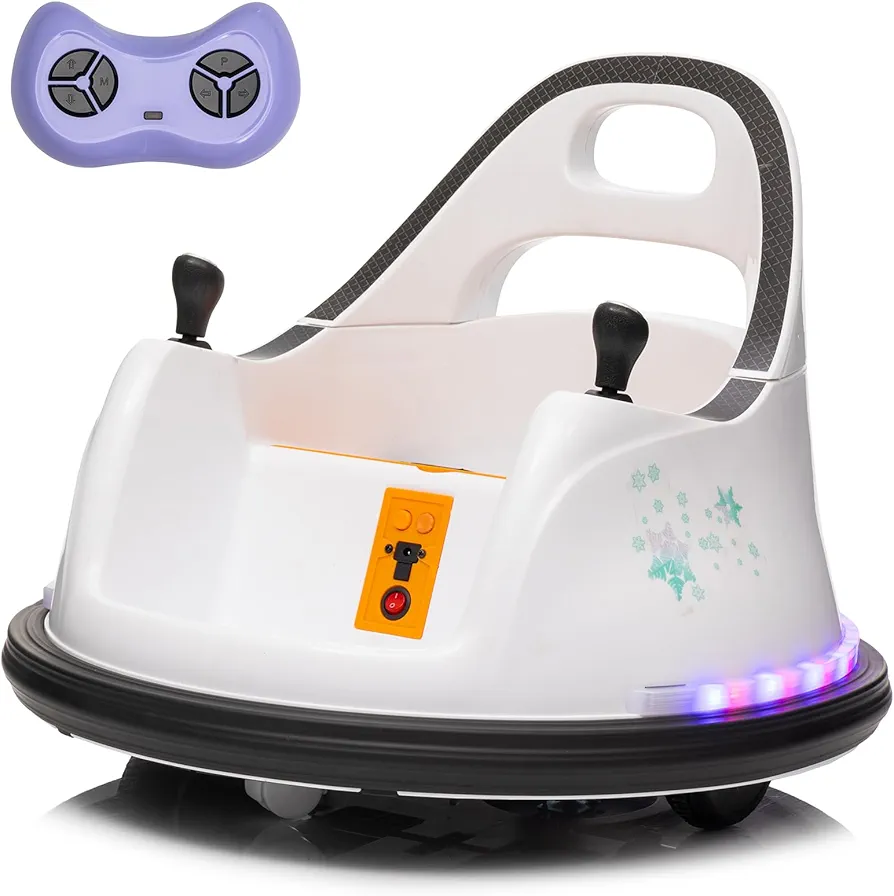 FINITO 12V Ride On Electric Bumper Car for Toddlers with Remote Control, 360 Degree Spin, LED Lights, Music, Safety Belt for Age 3+ Years Kids, Gift for Boys and Girls, White