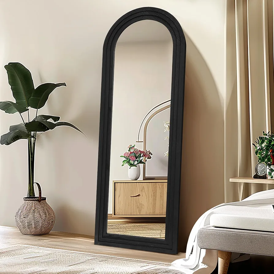 65"x22" Arched Full Length Mirror Solid Wood Frame Floor Large Mirror for Living Room, Bedroom Hanging Standing or Leaning Wall-Mounted, Black