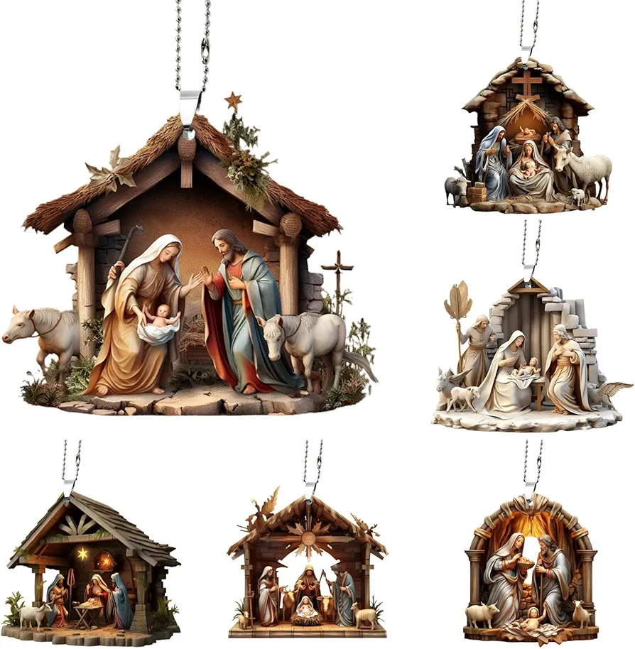 6 Pcs Christmas Tree Decorations Nativity Scene Ornaments - Acrylic 3D Christmas Hanging Ornament for Indoor Outdoor Decoration Party Supplies, Birth of Jesus Christian Decor (6pcs, One Size)