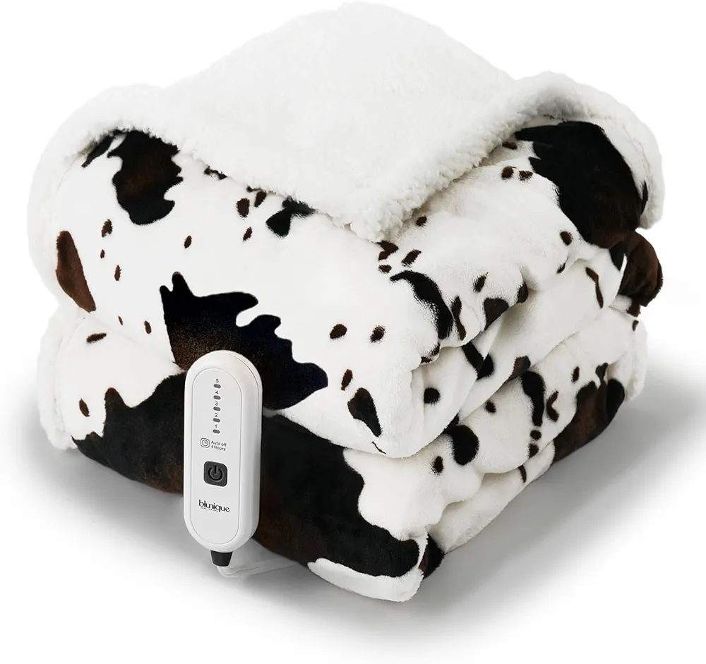 Heated Throw Blanket Electric Blanket - Heating Blanket Throw with 5 Heat Levels & 4 Hours Auto-Off, Cozy Soft Fleece Sherpa Blanket, Washable, Fast Heating, 50 x 60 Inches, Cow Print