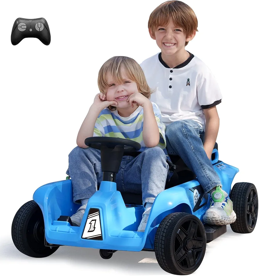 2 Seaters 4-Wheelers Electric Ride On Toy for Kids, 24V 120W*2 Powerful Motors Max Load 200 Lbs, Two Driver Modes + Remote Control Modes for Toddlers Child with Music, USB, Storage Box, Blue