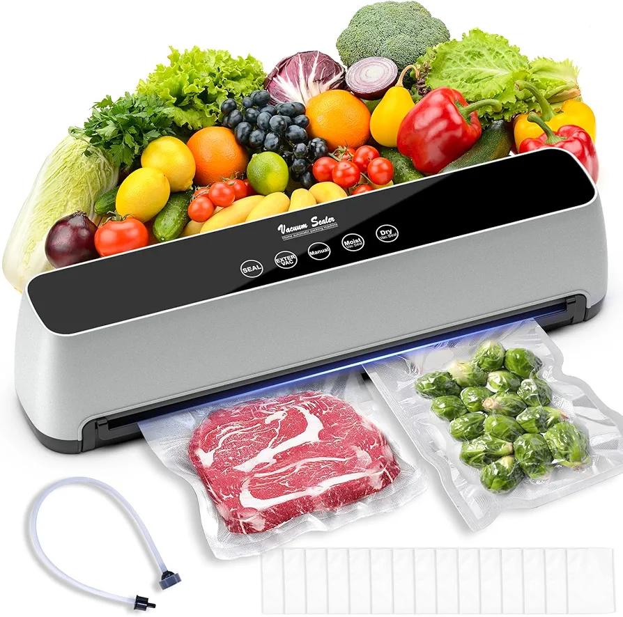 Vacuum Sealer, Compact 80 Kpa One-Touch Full Automatic Vacuum Sealer with LED Touch Screen Indicator Lights, Air Sealing System for Food Storage Dry/Moist Modes, 15 Seal Bags & 1 Air Suction Hose