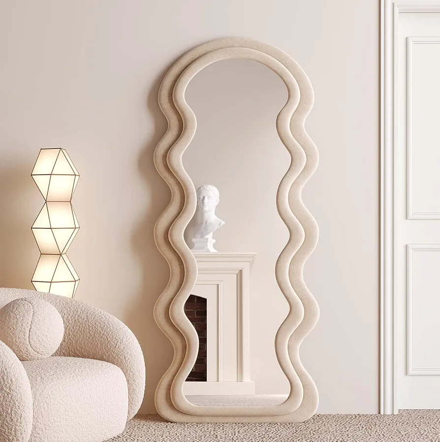 BOJOY Full Length Mirror 63"x24", Irregular Wavy Mirror, Wave Arched Floor Mirror, Wall Mirror Standing Hanging or Leaning Against Wall for Bedroom, Flannel Wrapped Wooden Frame Mirror-Milk Tea Color