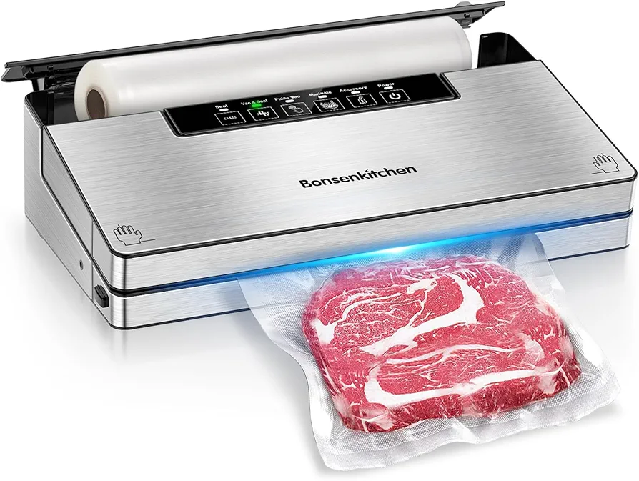 Bonsenkitchen Vacuum Sealer Machine, Powerful Food Sealer with 5 Modes, Built-in Cutter & Bag Storage,Globefish Technology for High-Speed Continuous Working, Include 1 Bag Roll, Stainless Steel