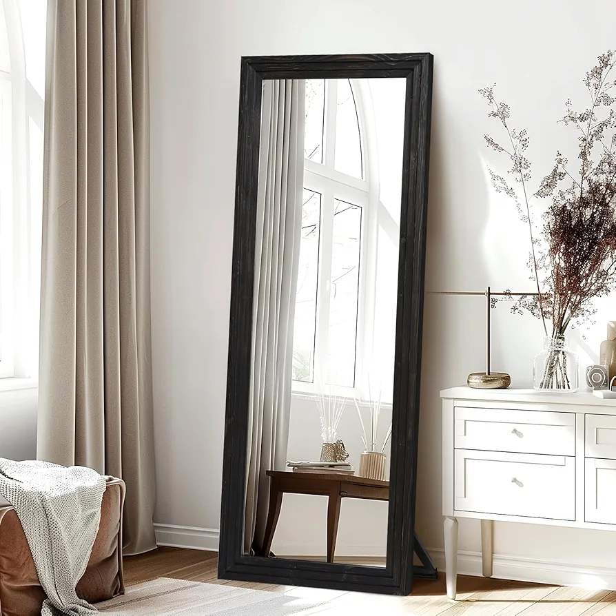 65"x22" Full Length Mirror Solid Wood Frame Arched Floor Mirror with Stand for Living Room, Bedroom Hanging Standing or Leaning, Black