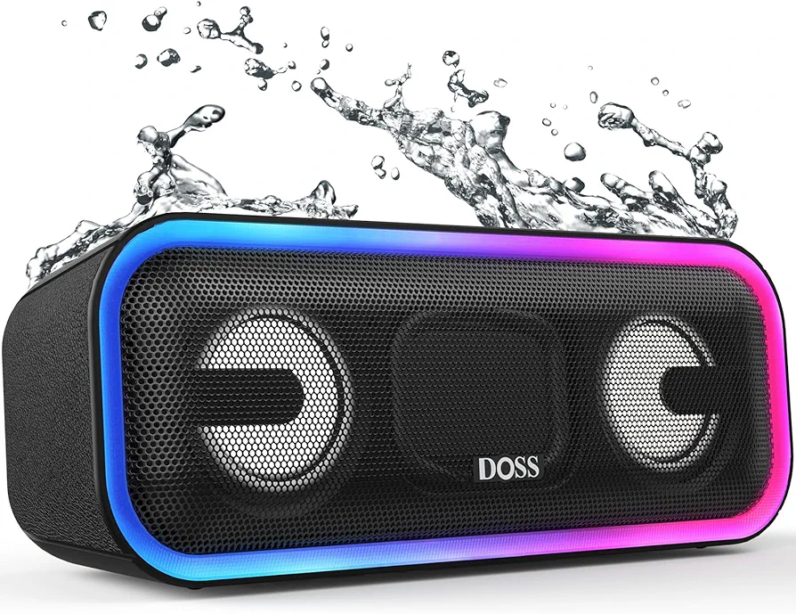 DOSS SoundBox Pro+ Bluetooth Speaker with 24W Stereo Sound, Extra Bass, IPX6 Waterproof, 15H Playtime, Wireless Stereo Pairing, Multi-Colors Light, Portable Speaker for Outdoor, Home, Party, Beach