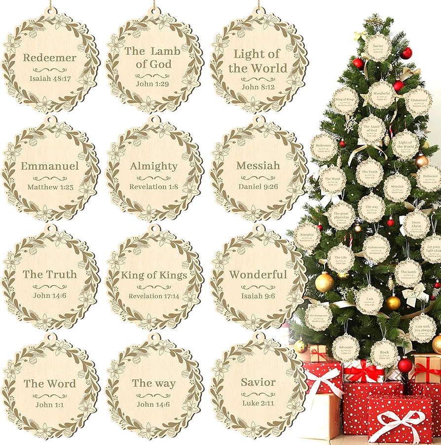 24 Pieces Names of Jesus Christ Ornaments Christmas Decorations Wood Ornaments Cutouts Christian Nativity Ornaments for Christmas Tree(Garland Wreath Flowers)