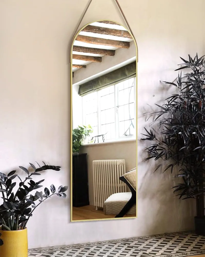 OGCAU Full Length Mirror, Wall Mirror Full Length, Wall-Mounted Mirror, Body Mirror for Wall in Bedroom, Arched-Top Mirror, Hanging Mirror with Aluminum Alloy Frame (Gold)