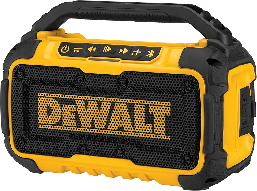 DEWALT 20V MAX Bluetooth Speaker, 100 ft Range, Durable for Jobsites, Phone Holder Included, Lasts 8-10 Hours with Single Charge (DCR010)