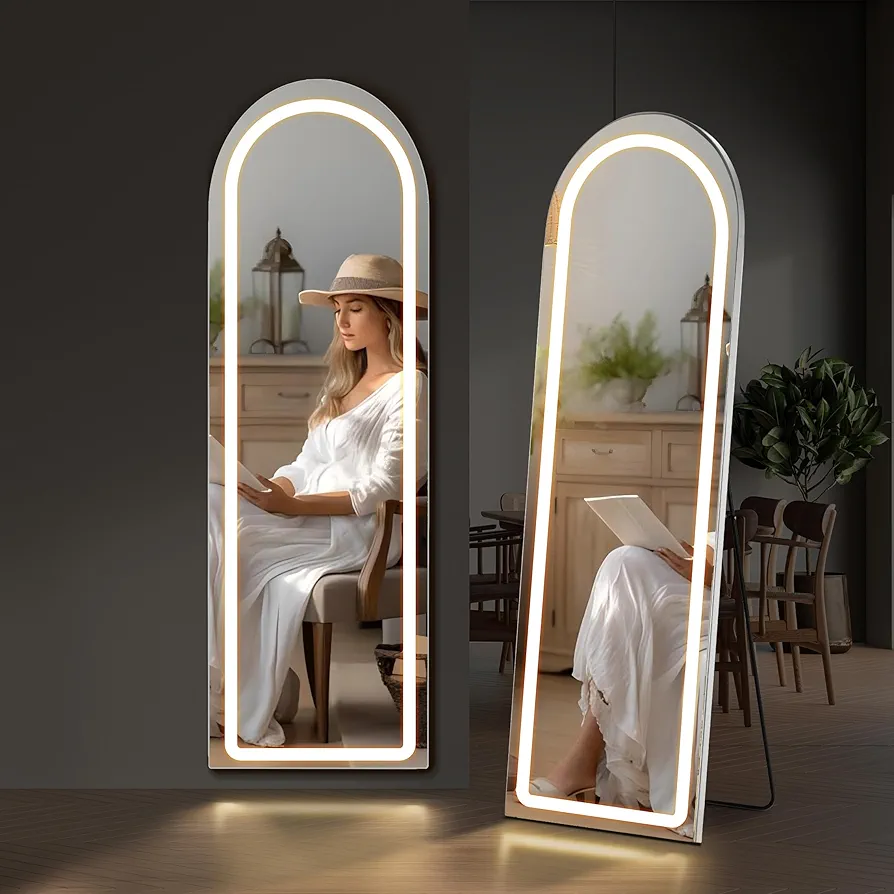 Arched Mirror Full Length with LED Lights, 16"x60" Body Wall Mirrors, Floor Standing Hanging Leaning, Tall Arch Mirror with Stand Aluminum Alloy Frame, Dimmable 3-Color Lighting for Bedroom Cloakroom