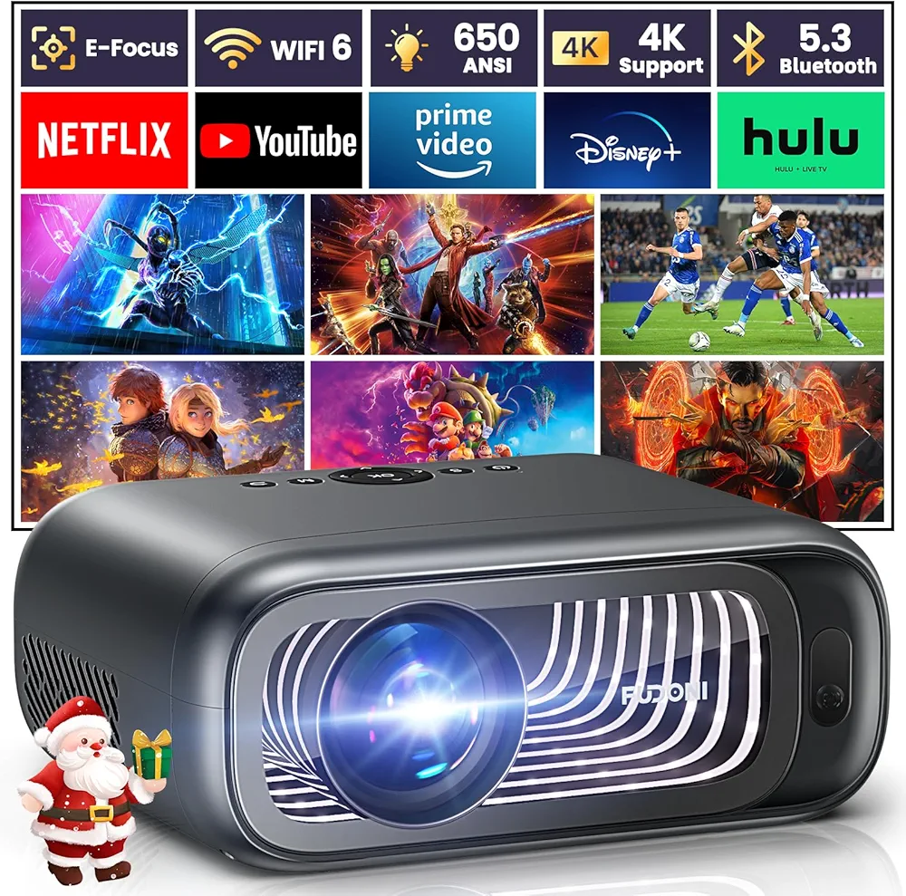 [Electric Focus/Auto Keystone] FUDONI Projector with WiFi 6 and Bluetooth Dual-way, 650ANSI Native 1080P 4K Support Outdoor Movie Projector Max 300'' Display, for iOS/Android/TV Stick/HDMI/USB/Laptop