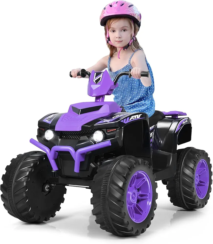 OLAKIDS 12V Kids Ride On ATV, 4 Wheeler Electric Vehicle for Toddlers, Battery Powered Motorized Quad Toy Car for Boys Girls with LED Lights, Music, Horn, High Low Speed, Soft Start (Violet)