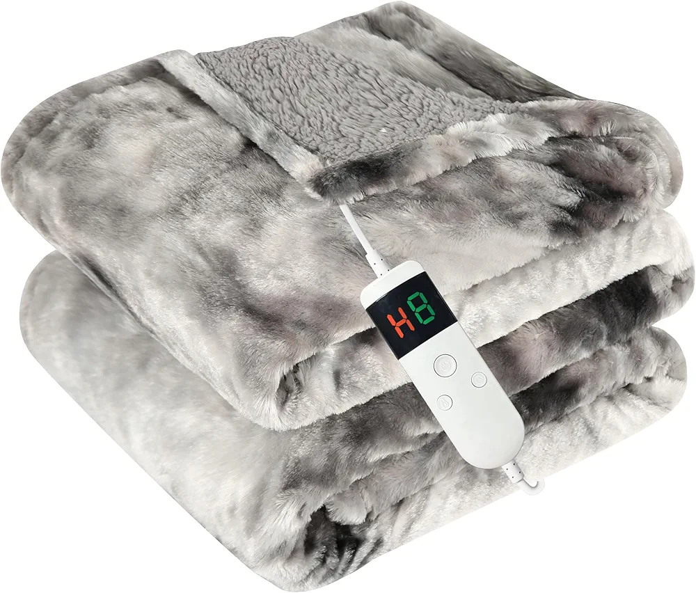 Heated Blanket Electric Throw, Heating Blanket Soft Sherpa Flannel Throw, Heat Blankets for Home & Office Machine Washable Overheating Protection 8 Hours Auto Off 10 Fast Heating Levels