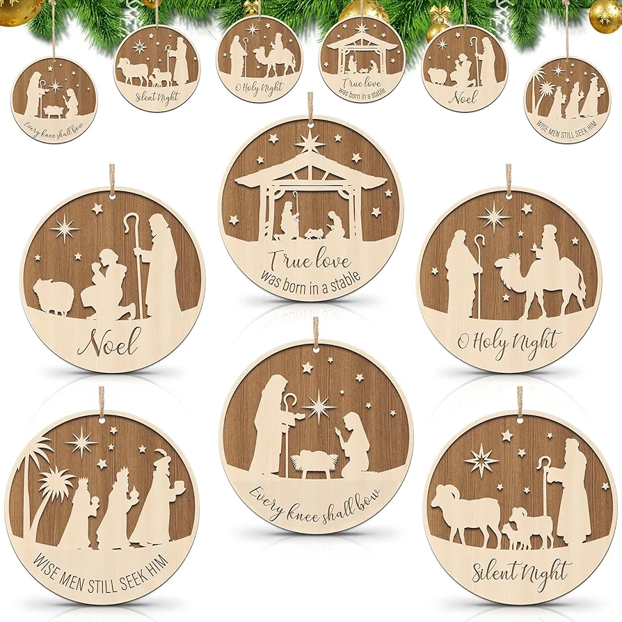 Barydat 12 Pieces Christmas Nativity Scene Ornaments Round Christmas Hanging Tags Farmhouse The Birth of Jesus Christmas Tree Decorations Religious Gift for Family Home Xmas Decor