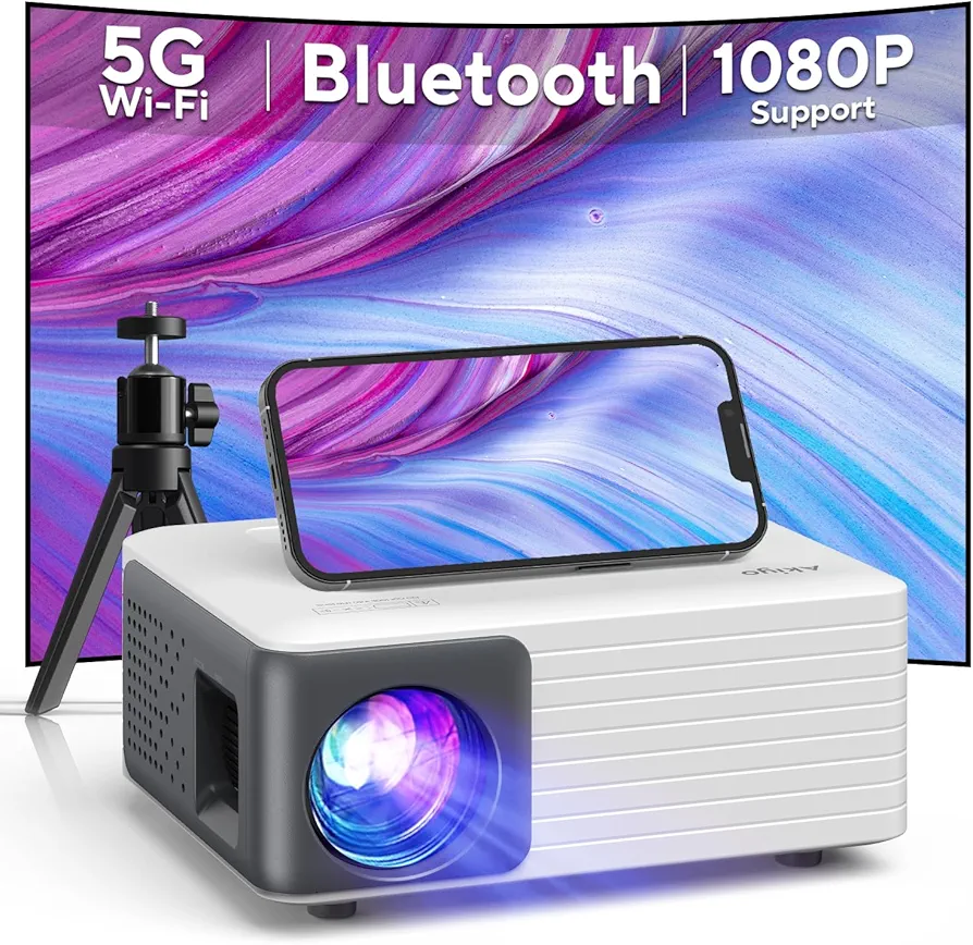 Mini Projector with WiFi and Bluetooth, 1080P Supported Projector with Projector Stand, Portable Movie Projector for Home Theater/Outdoor, Compatible with iOS/Android/Laptop/TV Stick/HDMI/PS5