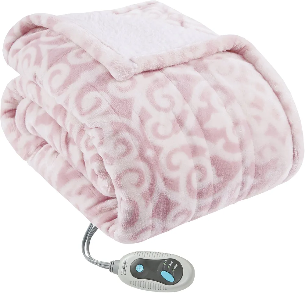 Beautyrest Ultra Soft Sherpa Berber Fleece Electric Poncho Wrap Blanket Heated Throw with Auto Shutoff, 50 in x 64 in, Blush Lattice