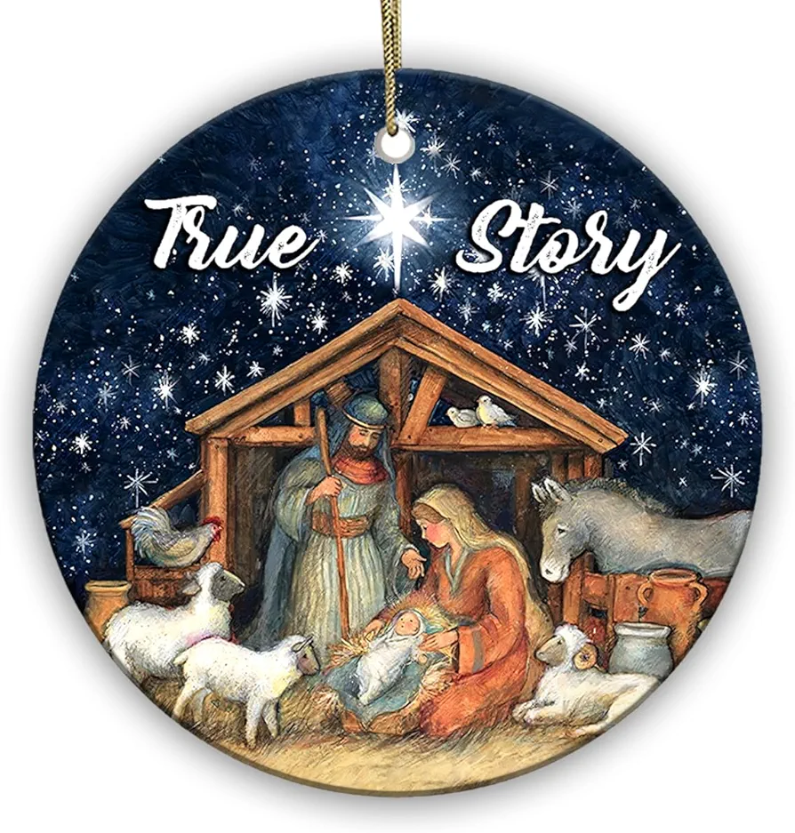 2024 Christmas Ornament - Nativity True Story Ceramic Ornament - Jesus' Birth Ceramic Keepsake, Faith-Based Tree Decor, Bible Verse, God’s