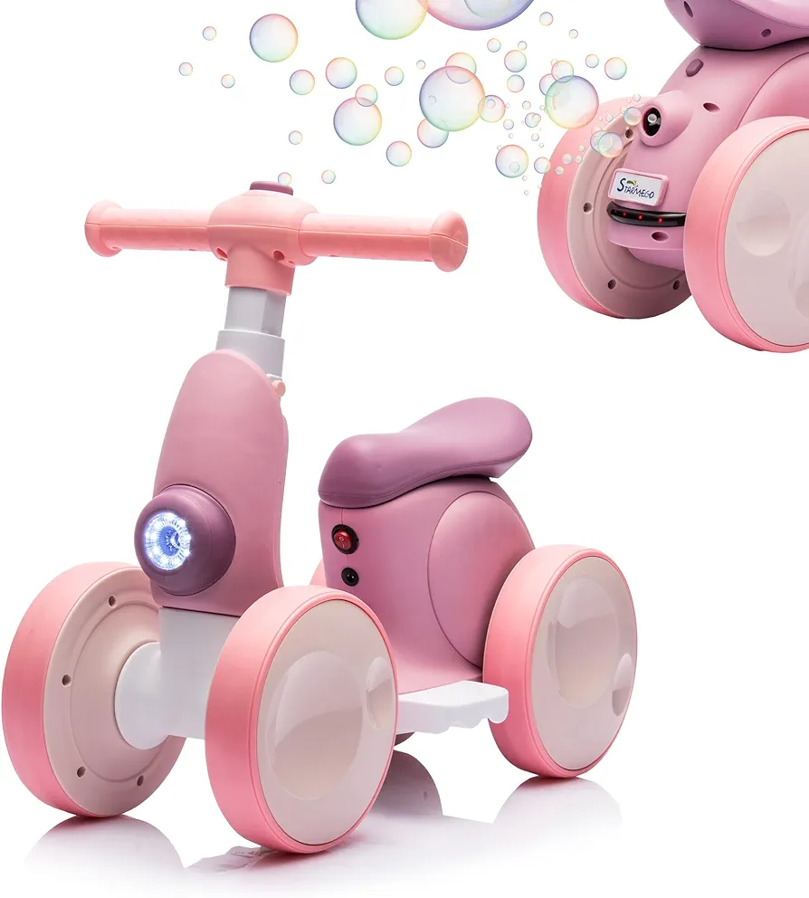 6V Electric Baby Balance Bike with Bubble Machine,4 in 1 Toddler Balance Bike w/Remote for 1 Year Old Boys Girls Kids Bubble Bike Ride on Toys w/Powered Motor,Music,LED Lights (Purple)