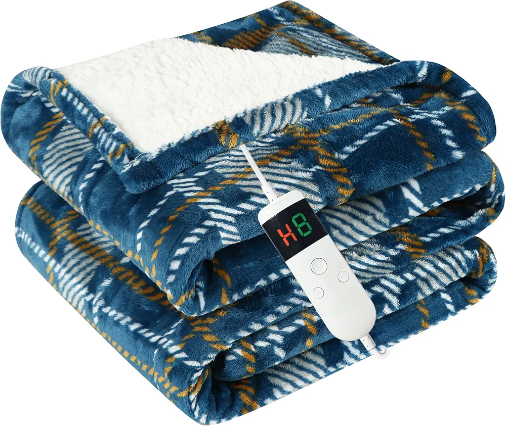 Heated Blanket Electric Throw, Heating Blanket with 8 Hours Auto Off 10 Fast Heating Levels Machine Washable, Soft Warm Sherpa Fleece Heated Blanket with Overheating Protection (Blue, Throw)