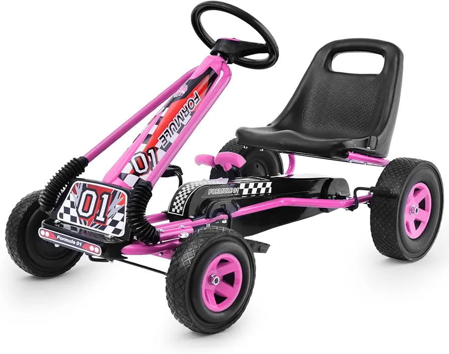 Costzon Go Kart for Kids, 4 Wheel Off-Road Pedal Go Cart w/Adjustable Seat, Steering Wheel, 2 Safety Brakes, EVA Rubber Tires, Ride-On Toys for Boys & Girls, Outdoor Racer Ride On Pedal Car (Pink)