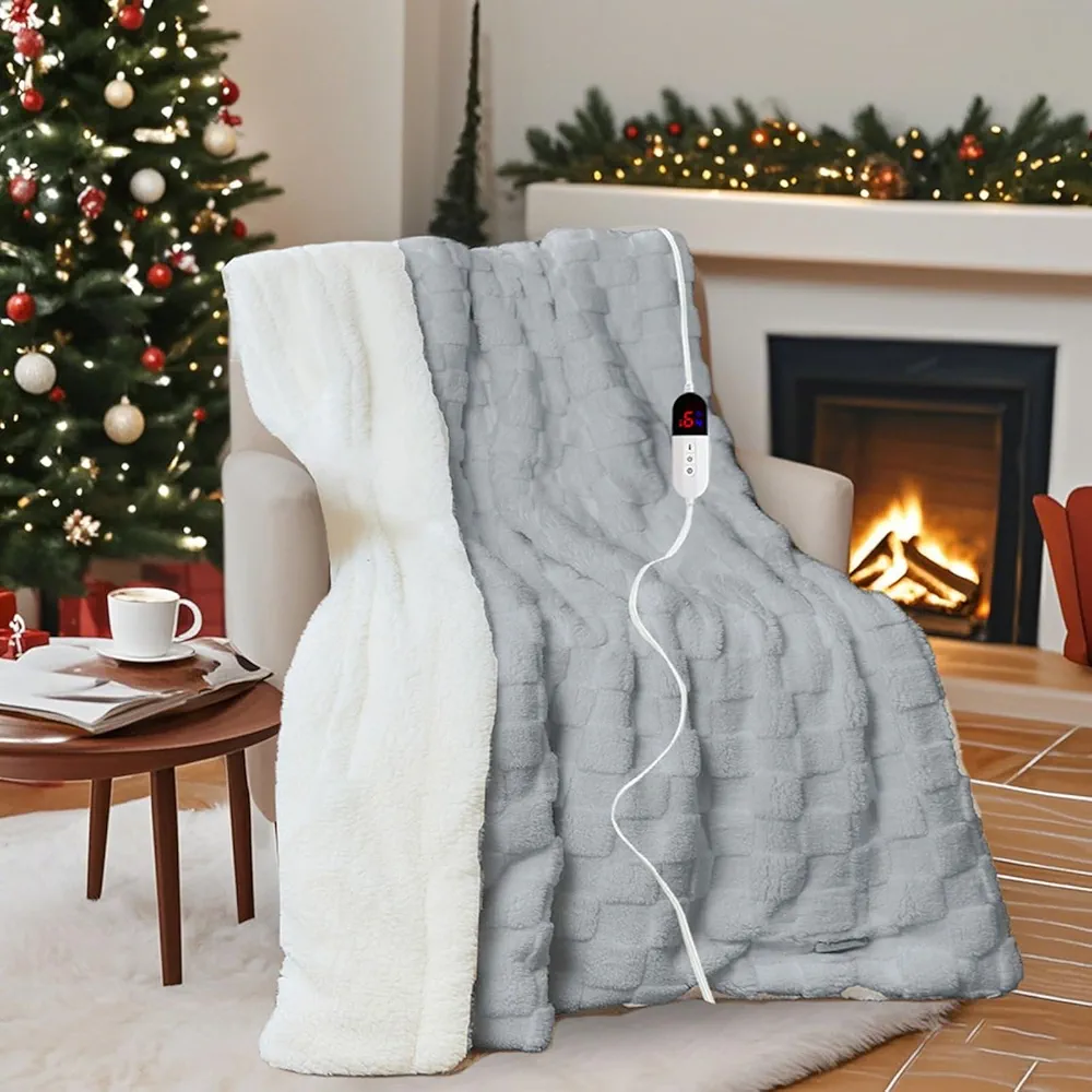 Electric Blanket Throw - Soft Checked Flannel with 6 Heating Levels, 4 Hours Auto-Off, Fast Heating, ETL & FCC Certified, 50"x60", Overheating Protection, Cozy Heated Blanket Throw（Gray）