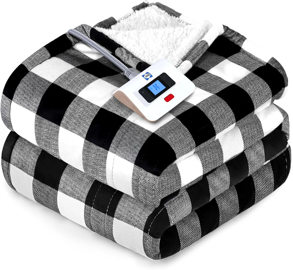 SEALY Electric Blanket Full Size, Plaid Short Plush & Sherpa Electric Throw Blanket with 10 Heating Levels & 1-12 Hours Auto Shut Off, Machine Washable, Black