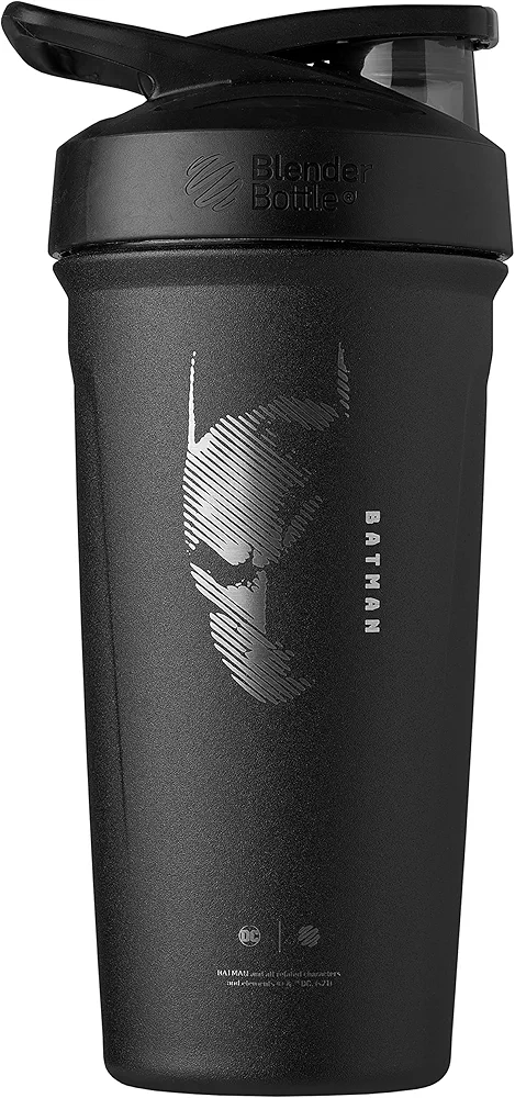 BlenderBottle Justice League Strada Shaker Cup Insulated Stainless Steel Water Bottle with Wire Whisk, 24-Ounce, Batman