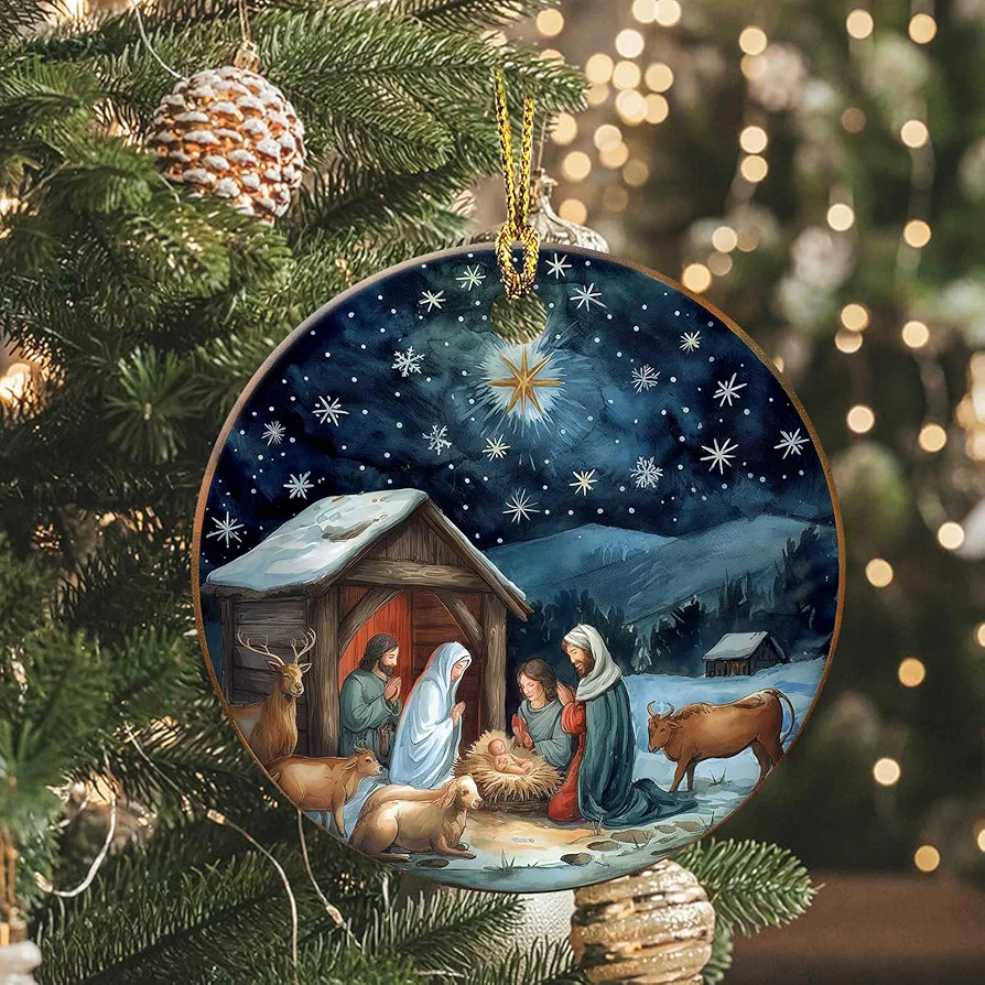 Nativity Night Ornaments 2024 Round Ceramic Silent Night Birth of Jesus Christ Ornament Christmas Keepsake Decor for Christmas Tree Winter Holiday Xmas Gift for Women Men Xmas Hanging Ornament 3"