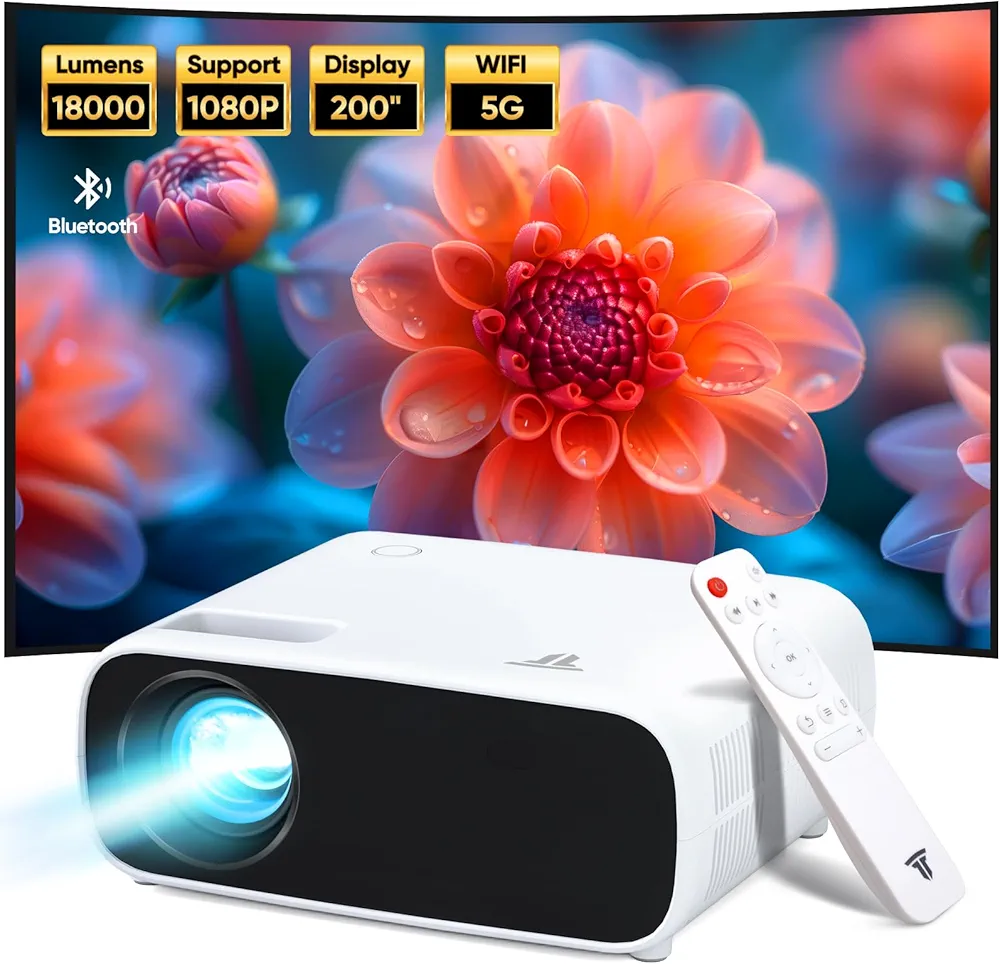 Projector with WIFI and Bluetooth, 200" Projector Full HD 1080P Video Projector, 500 ANSI Mini Projector 18000L Movie Projector Compatible with Android/iOS/Laptop/TV Stick/HDMI/USB