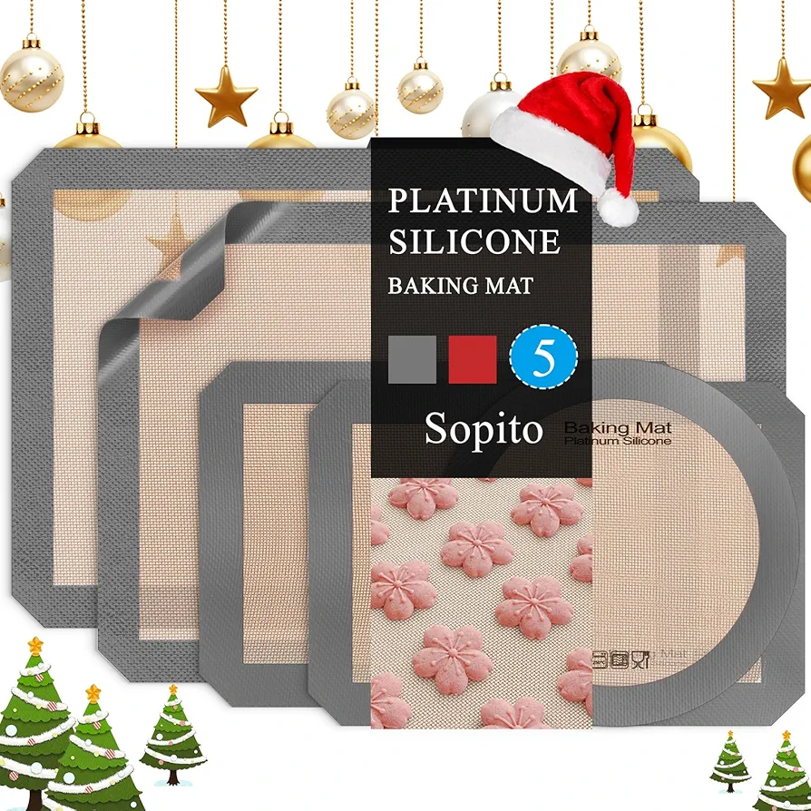 Platinum Silicone Baking Mat Set of 5 (Half Sheet, Quarter Sheet and Round), Sopito Food Safe Silicone Baking Sheet, Heat Resistant 480℉ Baking Mat,Grey