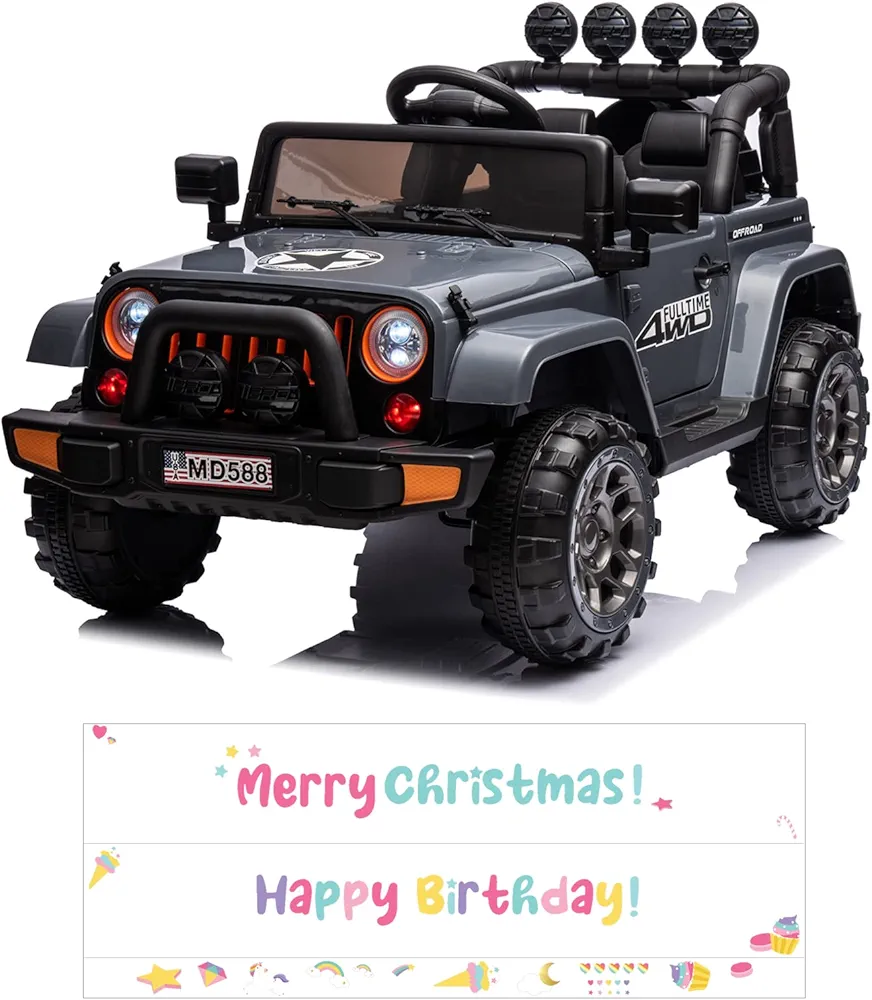 IKON MOTORSPORTS 12V Kids Electric Car Ride On Car with Remote Control, DIY Stickers, 2 Motors, LED Lights, Full Function Doors, Music Player, Gunmetal Gray