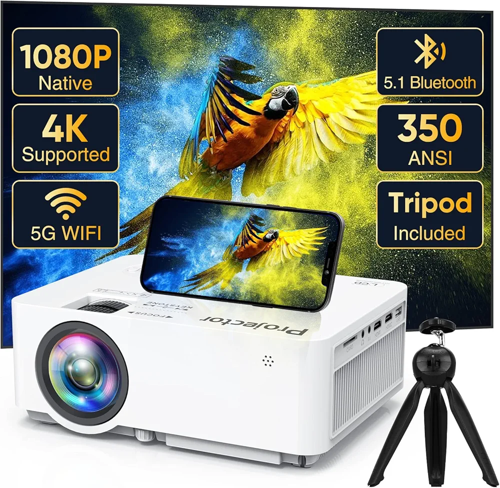 Native 1080P Projector with 5G WiFi Bluetooth (with Tripod), 4K Supported Home Projector, Portable Outdoor Projector with Max 300" Display, Movie Projector Compatible with TV Stick, HDMI, Phone