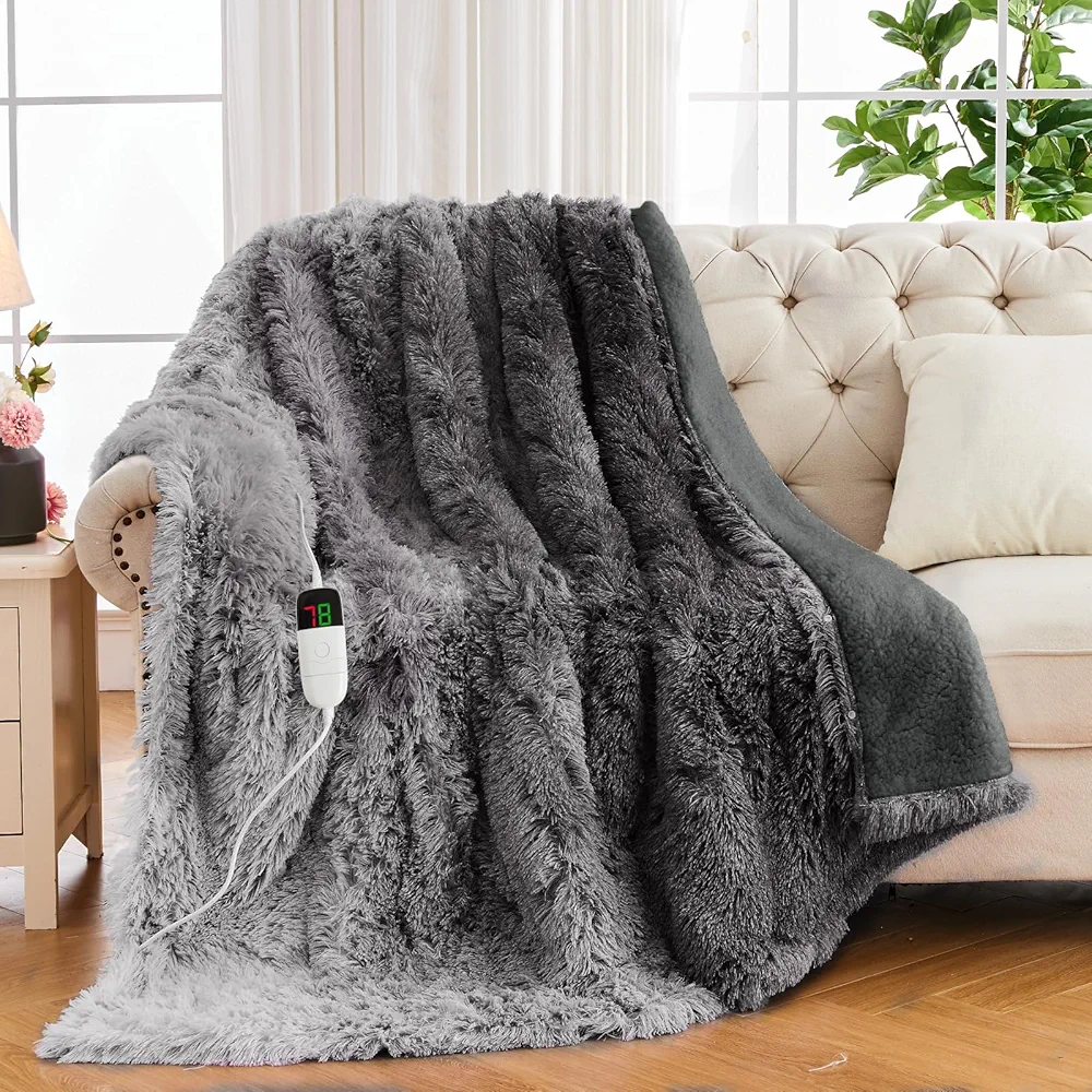 Heated Electric Blanket Faux Fur Throw Size with Fluffy Sherpa Back, Warming Plush Blanket Gift Soft Heating Blankets with 10 Heat Settings, 5 Time Settings, ETL 50"x60",Charcoal Grey