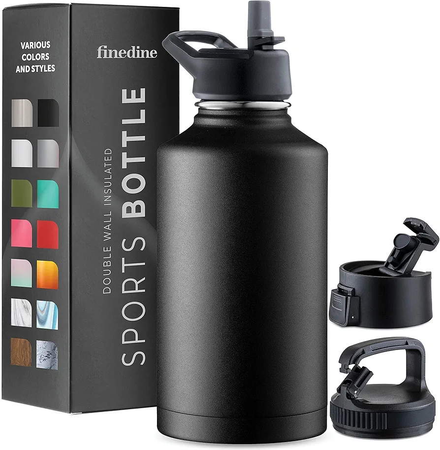 FineDine Insulated Water Bottles with Straw - 64 Oz Stainless Steel Metal Water Bottle W/ 3 Lids - Reusable for Travel, Camping, Bike, Sports - Inky Raven Black