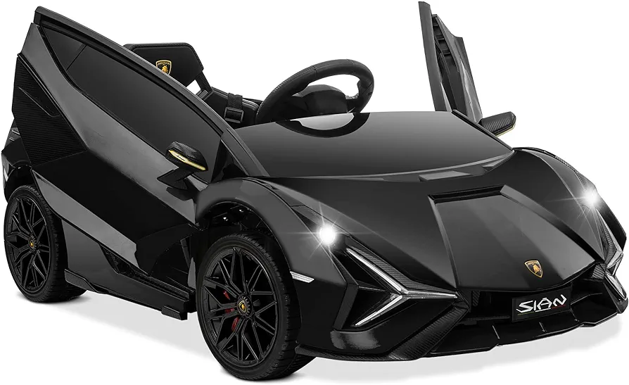 Kidzone Kids Electric Ride On 12V Licensed Lamborghini Sian Roadster Battery Powered Sports Car Toy with 2 Speeds, Parent Control, Sound System, LED Headlights & Hydraulic Doors - Black