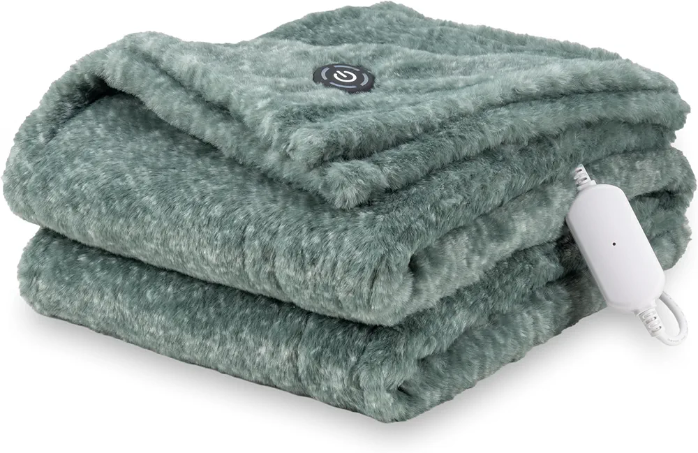 Berkshire Blanket Heated Throw Blanket, Grace Fur to Loftmink Reversible Electric Throw with 4 Heat Levels, Fast Heating Printed Throw for Couch and Bed, Auto Shut-Off Feature (50"x60")