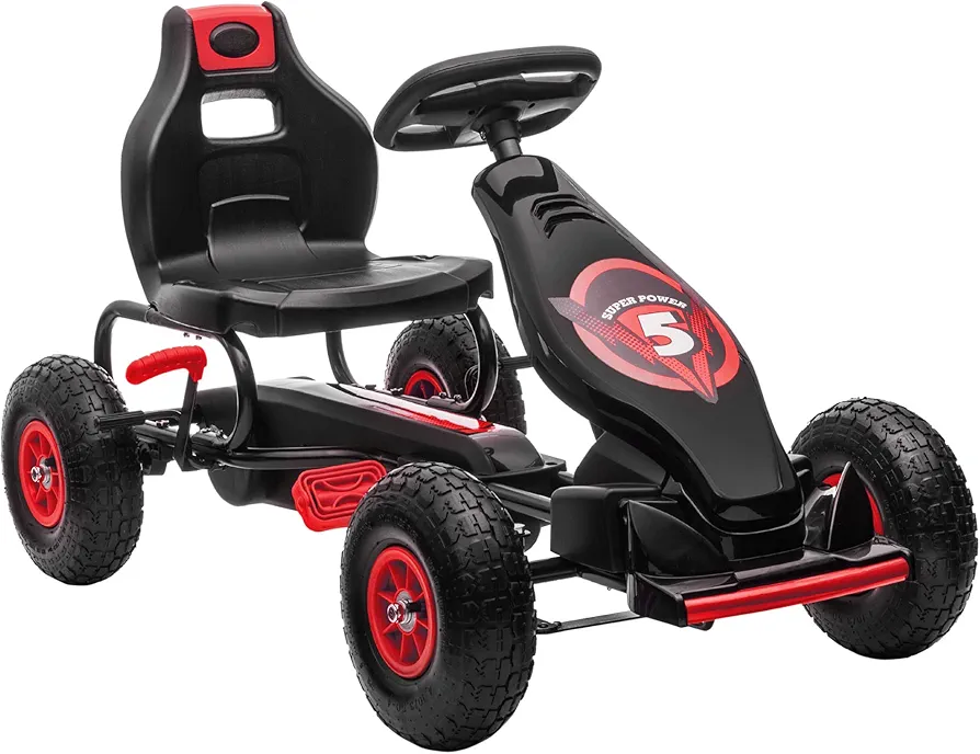 Aosom Kids Pedal Go Kart Ride-on Toy with Ergonomic Comfort, Pedal Car with Tough, Wear-Resistant Tread, Go Cart Kids Car for Boys & Girls with Suspension System, Safety Hand Brake, Ages 5-12, Red