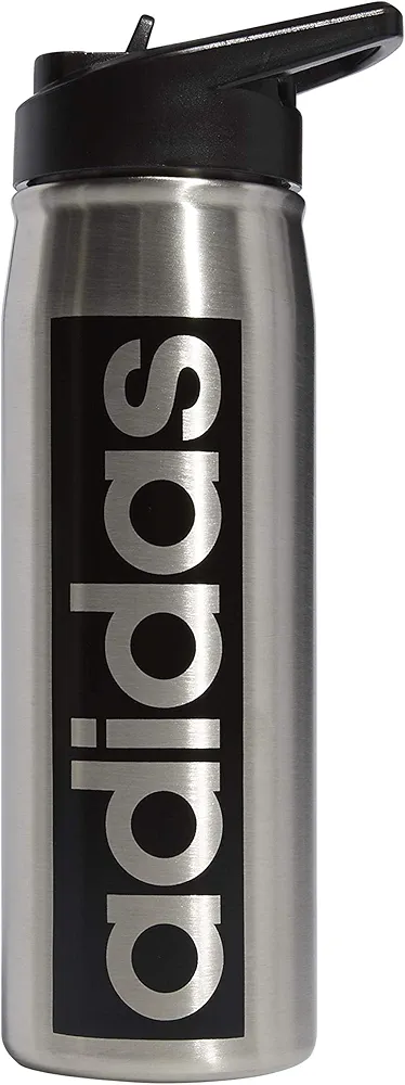 adidas 600 ML (20 oz) Straw Top Metal Water Bottle, Hot/Cold Double-Walled Insulated 18/8 Stainless Steel, Stainless Steel/Black, One Size