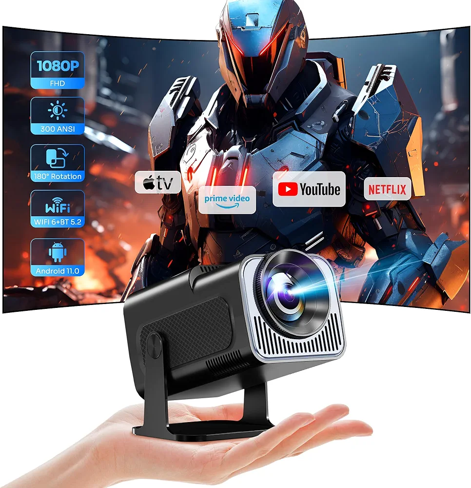 【180°-Rotation Adjustable Stand】Smart Mini Projector with WiFi and Bluetooth,1080P Portable 4k Outdoor Portable Projector,300ASIN LM,Support 2.4G/5G Wi-Fi6, BT5.2 With Android 11,2024NEW(Black)