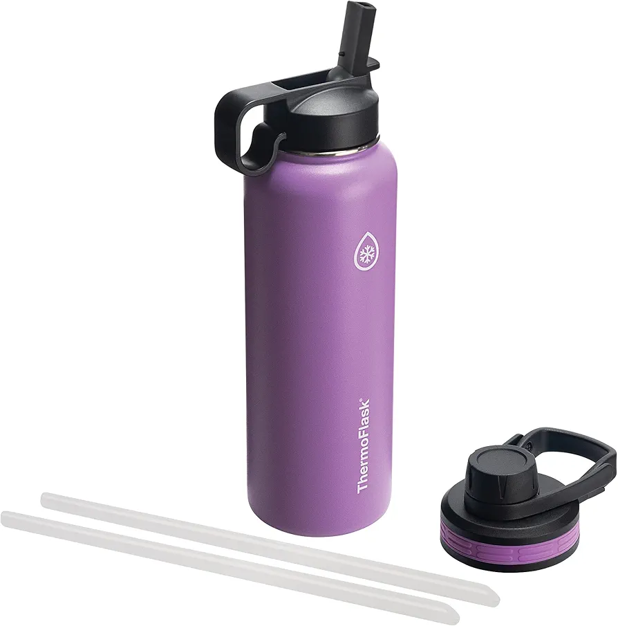 ThermoFlask Bottle with Chug Lid & Straw Lid - Insulated Stainless Steel Water Bottle with Leak-Proof Lids - Dishwasher-Safe Reusable Bottle & Lids - Durable Bottle, 2 Straws & 2 Lids - 40 oz, Plum