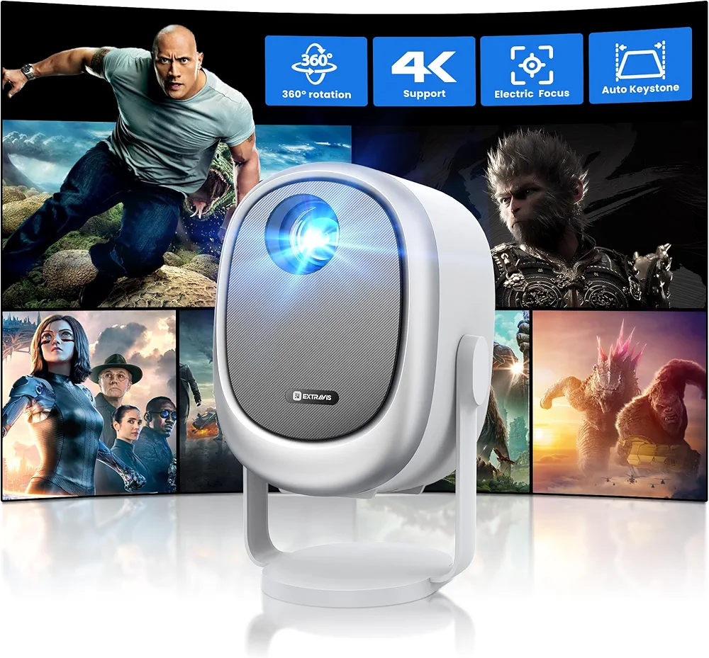 Projector with WiFi and Bluetooth,【360° Rotatable】, EXTRAVIS H1 Mini Portable Projector Support 1080P HD Movie Projector 500ANSI, Auto Keystone & Focus, Outdoor Projector, Small Home Theater Projector