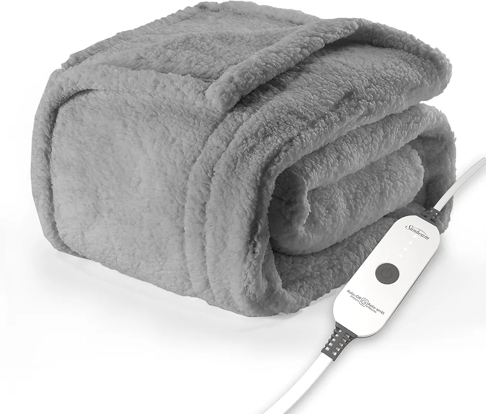 Sunbeam Royal Sherpa Foot Pocket Heated Throw Electric Blanket, 50" x 60", 4 Heat Settings, 4-Hour Auto Shut-Off, Warming Throw for Couch or Bed, Fast Heating, Machine Washable, Grey