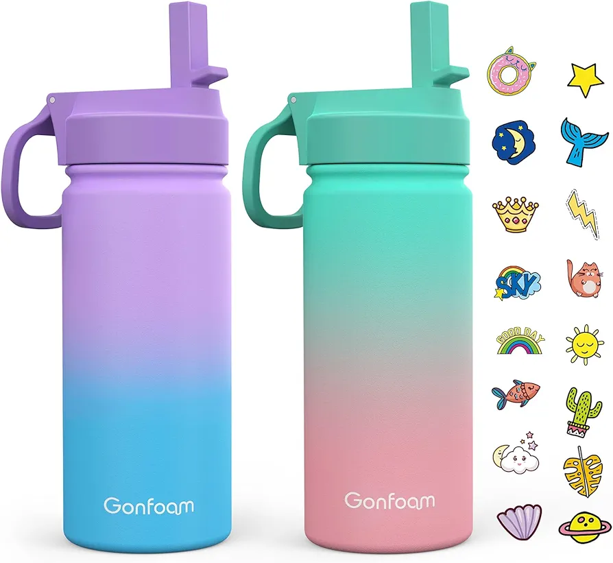 Kids Water Bottle, 2-Pack 16oz Water Bottles with Stickers and Straw, Stainless Steel Vacuum Insulated cup, Kids Water Bottle for School, Gifts for Boys and Girls(Purple/Green)