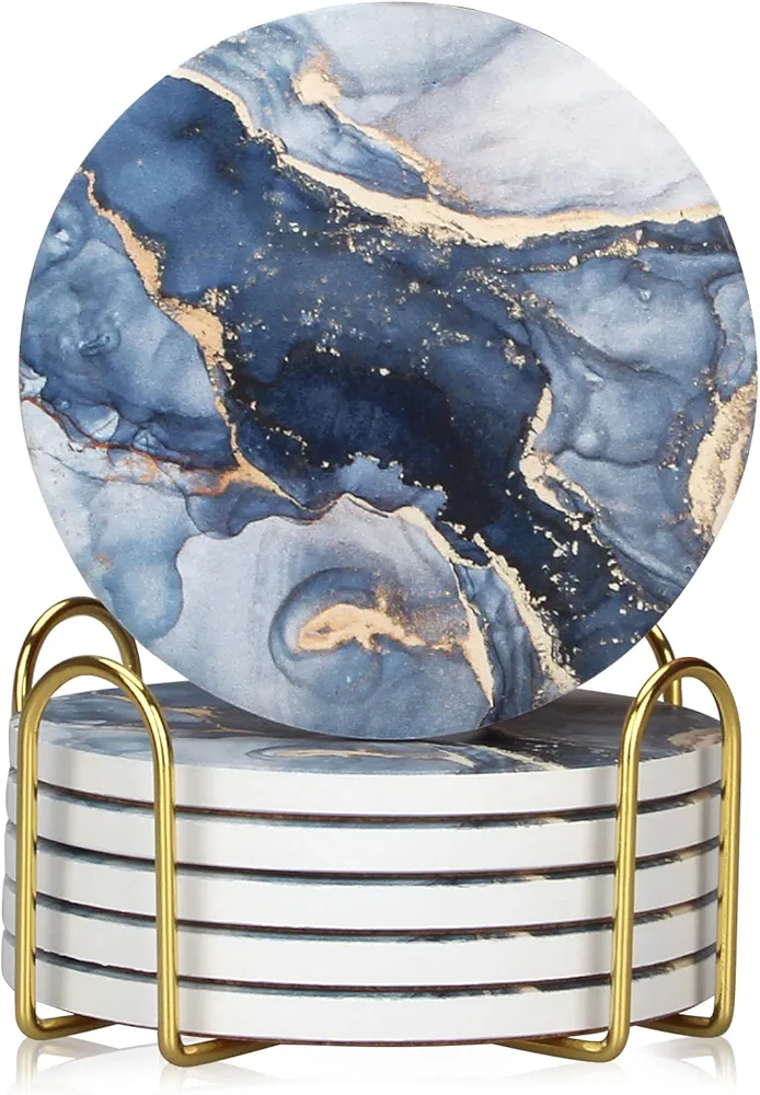 6 Pcs Navy Blue Marble Abstract Ceramic Coasters with Holder Best Absorbent Drink Coasters Round Ceramic Table Coasters Set Decorative Coffee Cup Beverage Coasters Wine Beer Bar Coasters