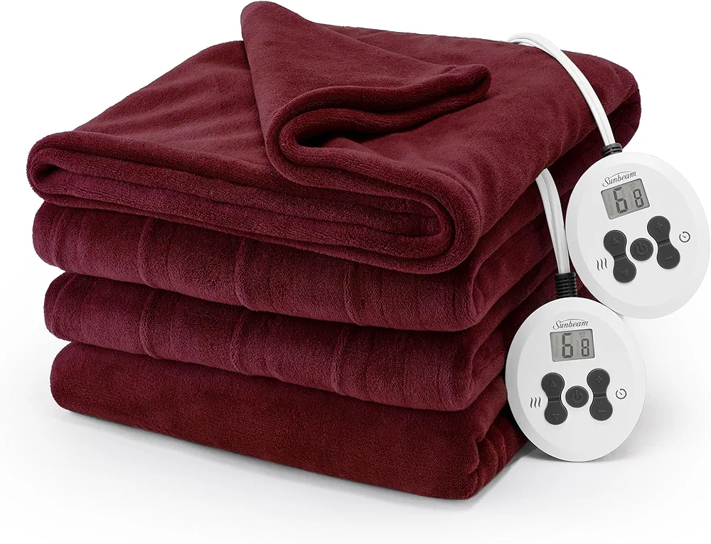 Sunbeam Electric Royal Luxe Microplush Heated Blanket 12 Heat Settings, 12-Hour Selectable Auto Shut-Off, Fast Heating, Warm and Cozy, Dark Cherry Color, Queen, 90" x 84"