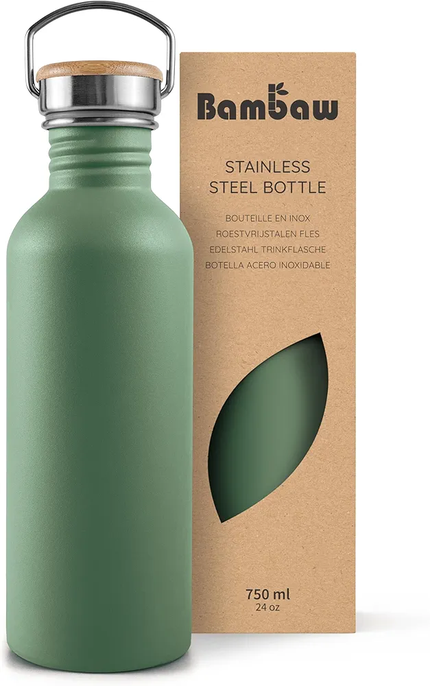 Bambaw 24 oz Stainless Steel Water Bottle, Green Water Bottle Dishwasher Safe, Non Insulated Water Bottle no Straw, Metal Water Bottle 24 oz, Stainless Steel Water Bottle BPA Free – Sage Green