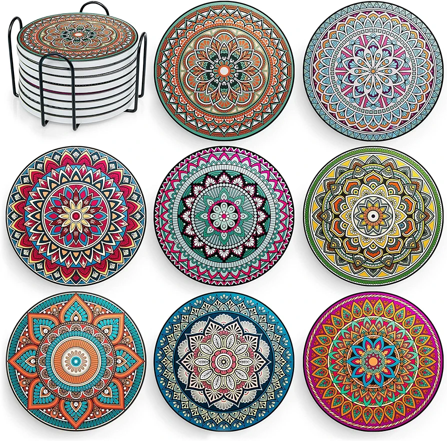 Mandala Drink Coasters with Holder - 8 Set Ceramic Boho Coaster for Drinks Absorbent with Cork Base and Black Holder - Coasters for Coffee Table Apartment Wooden Bar Mugs Glasses Cup Beer