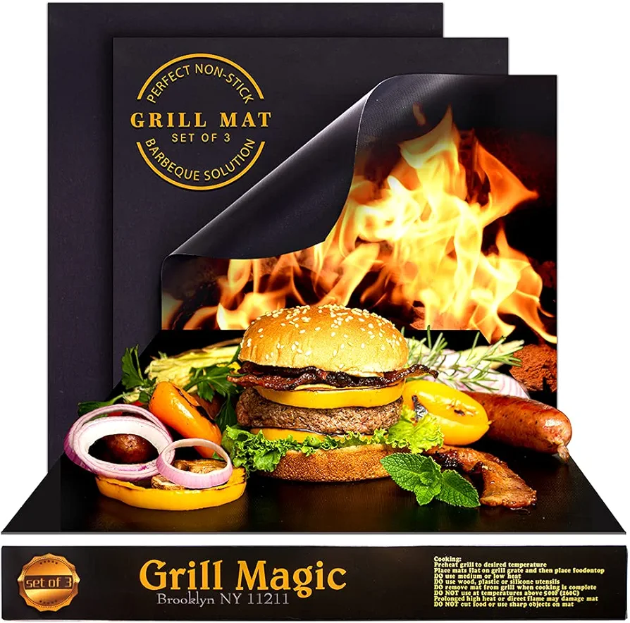 BBQ Grill Mat Set of 3-100% Nonstick Large Grilling Sheets - Heavy Duty Cooking Mats for Outdoor Grill Charcoal, Gas or Electric - Reusable, Extra Thick and Easy to Clean - 15.75 x 13