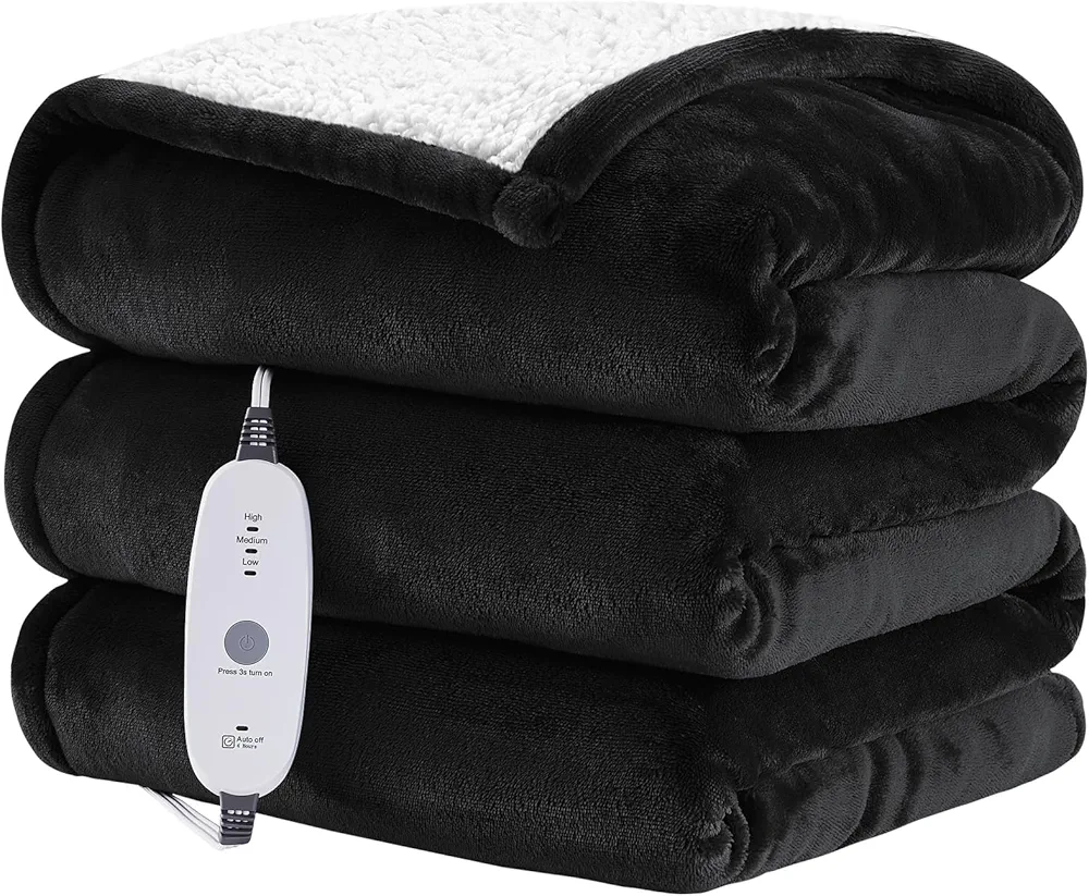 HYLEORY Heated Throw Blanket Flannel Electric Blanket Throw with 4 hrs Timer Auto-Off & 3 Heating Levels Sherpa Heated Blankets with Overheating Protection,50"x60",Black