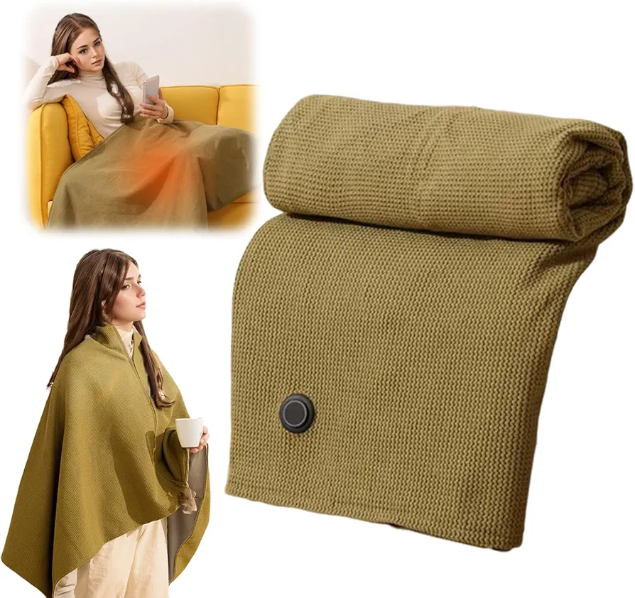 Portable Heated Shawl for Women, 58"X 32" Portable USB Heated Blanket Shawl with 3 Heating Levels, Fast Heating Soft Zipper Electric Heated Blanket Shawl Wraps for Women (Green, No Power Bank)